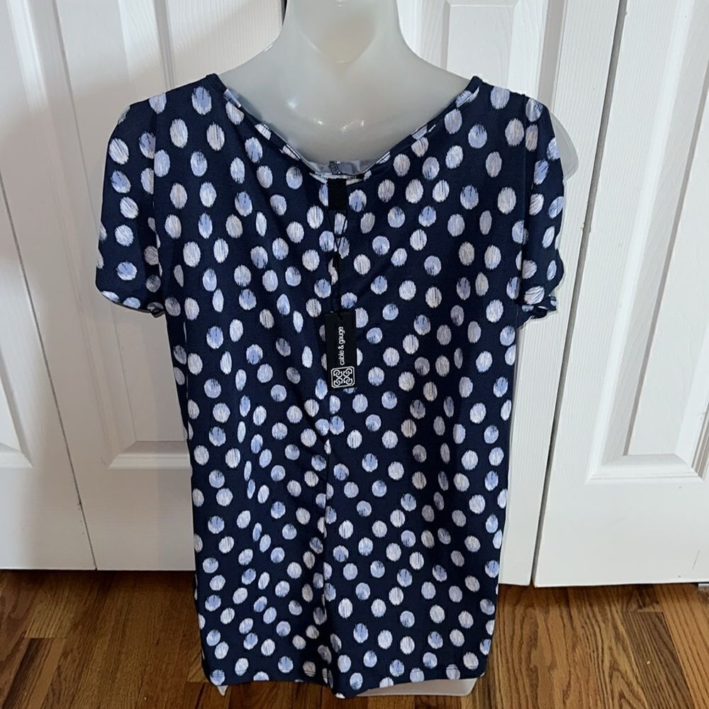 Cable & Gauge Navy Blue Polka Dota Short Sleeve Top Shirt Blouse Small S NWT - Picture 4 of 7